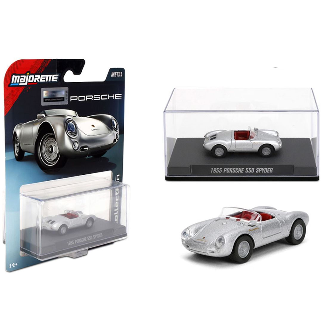 Majorette Collection Series Wave 2  – 1955 Porsche 550 Spyder, Silver | 1:64 Diecast Model (Ages 14+)