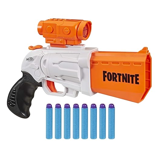 NERF Fortnite Sr Blaster, 4-Dart Hammer Action, Includes Removable Scope and 8 Elite Darts, 8+