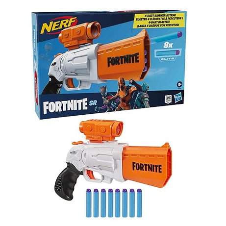 NERF Fortnite Sr Blaster, 4-Dart Hammer Action, Includes Removable Scope and 8 Elite Darts, 8+