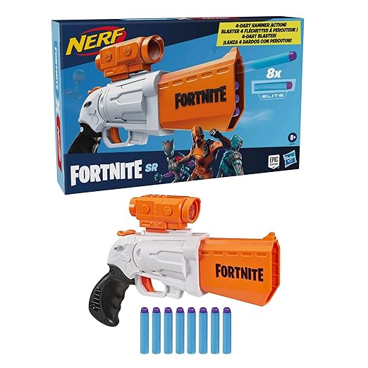 NERF Fortnite Sr Blaster, 4-Dart Hammer Action, Includes Removable Scope and 8 Elite Darts, 8+