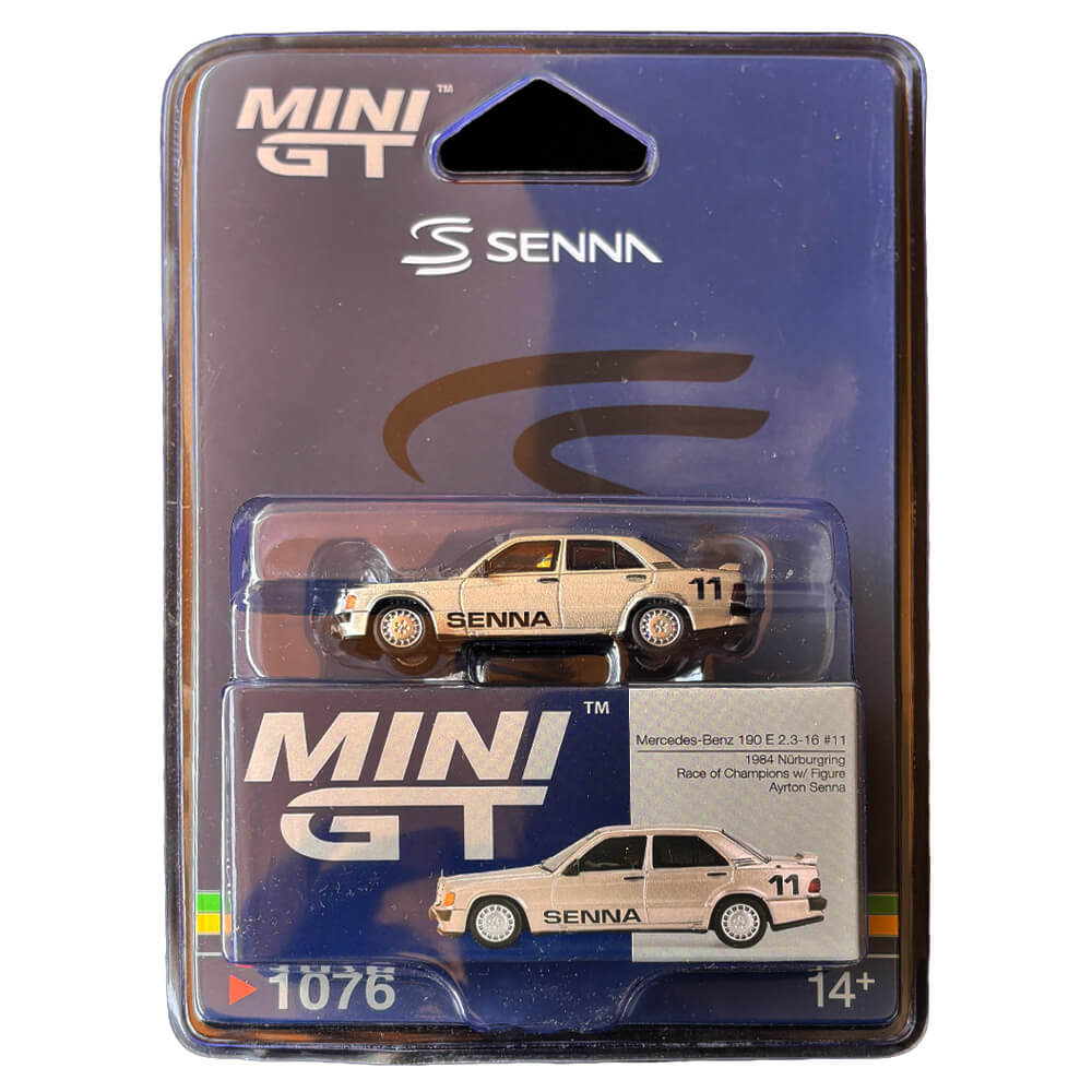 Mercedes-Benz 190E 2.3-16 #11 Ayrton Senna 1984 Nürburgring Race of Champions w/ Figure – Mini GT 1076 Blister Pack