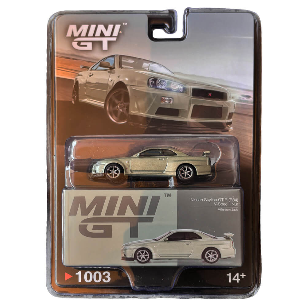Nissan Skyline GT-R (R34) V-Spec II Nür Millenium Jade – Mini GT 1003 Blister Pack