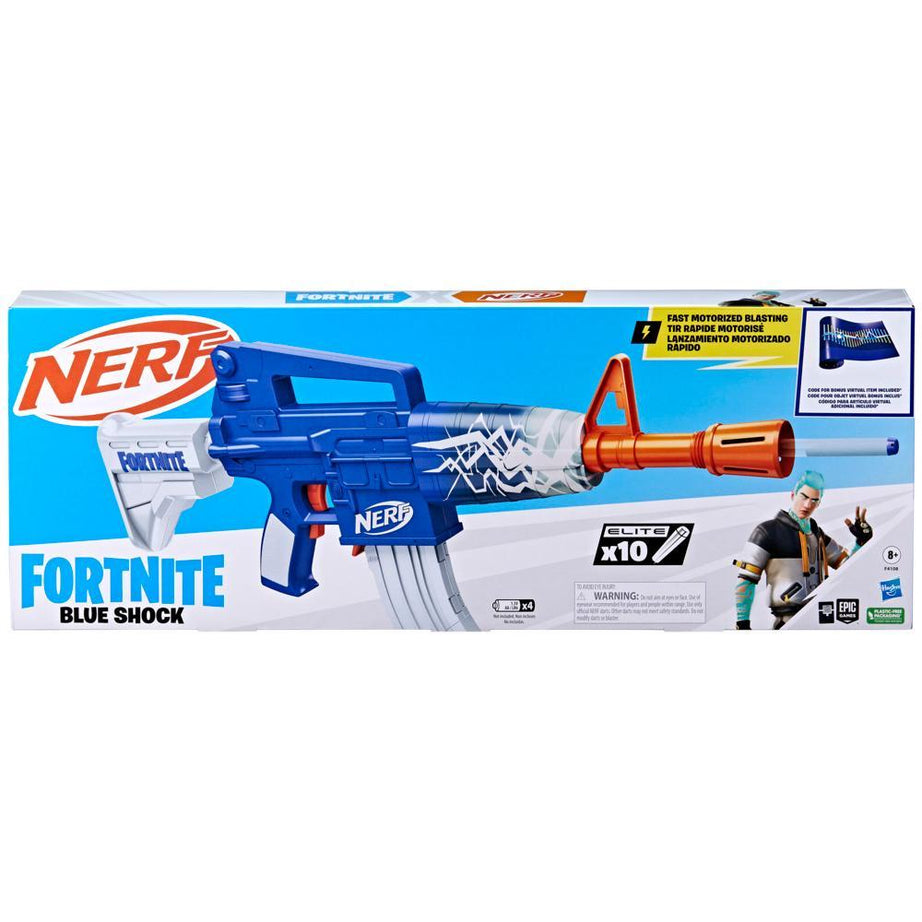 Nerf Fortnite Blue Shock Dart Blaster, 10-Dart Clip, 10 Elite Nerf Darts, 8+