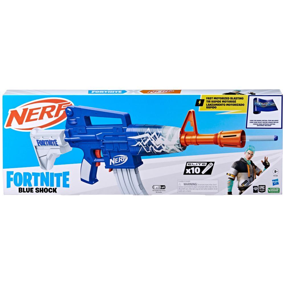 Nerf Fortnite Blue Shock Dart Blaster, 10-Dart Clip, 10 Elite Nerf Darts, 8+