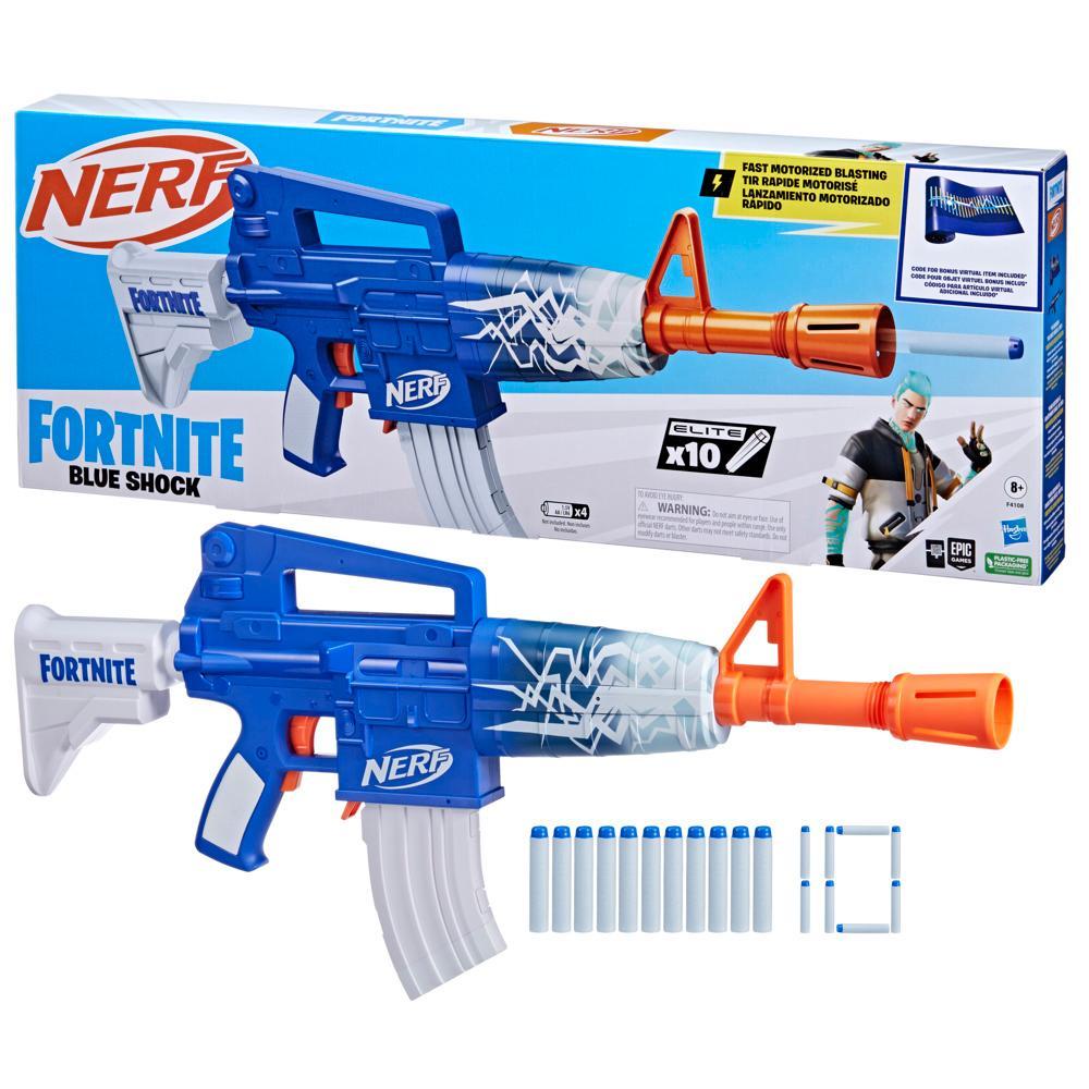 Nerf Fortnite Blue Shock Dart Blaster, 10-Dart Clip, 10 Elite Nerf Darts, 8+