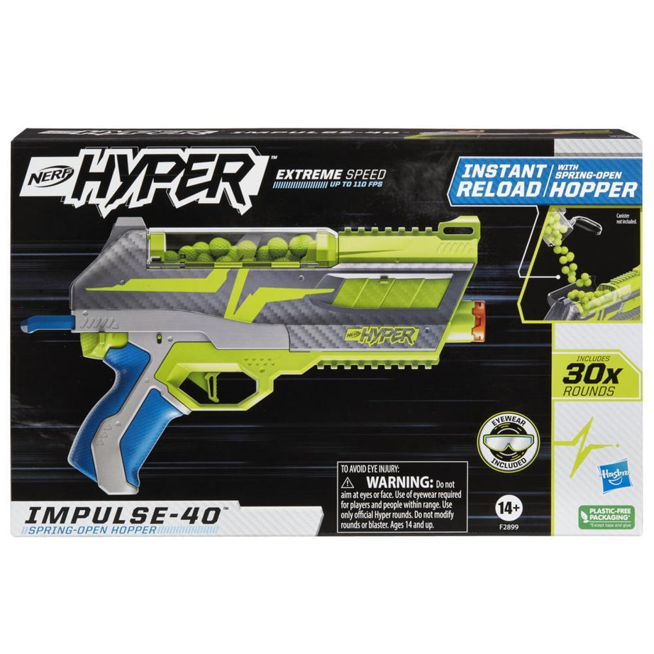 Nerf Hyper Impulse-40 Blaster, 30 Nerf Hyper Rounds, Spring-Open Hopper, Up To 110 FPS, 14+